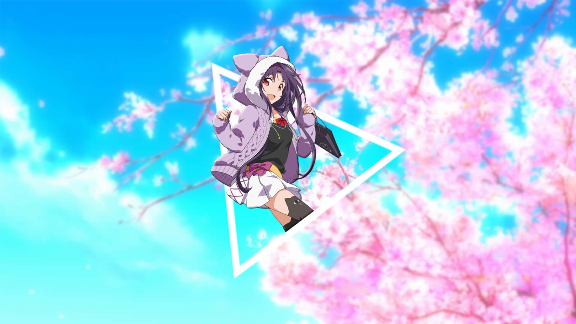 Yuuki Konno 桌布 壁紙 — 一個開心的動漫女孩穿著紫色連帽衫，在明亮的藍天下，漂浮在發光的三角形中，周圍有飄落的櫻花。