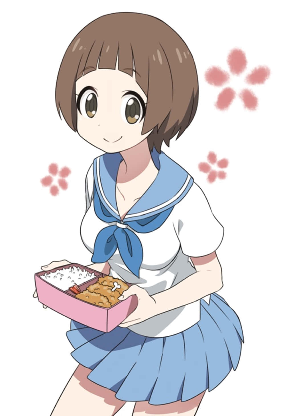 Mako Mankanshoku 桌布 壁紙 — 一個開心的動漫女孩穿著藍色水手服，在白色背景上拿著一個裝有米飯和炸食物的粉紅色便當盒，周圍有粉紅色的櫻花花瓣。