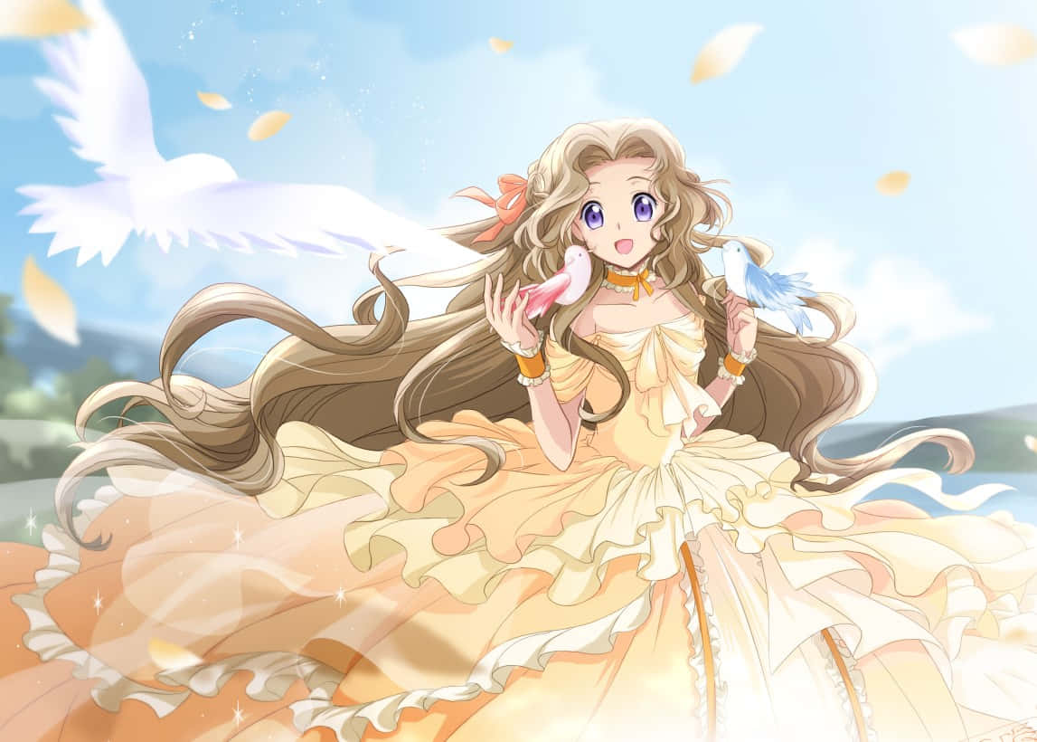 Nunnally Lamperouge 桌布 壁紙 — 一個開心的動漫女孩穿著飄逸的黃色連衣裙，抱著粉紅色和藍色的鴿子，金色的葉子在明亮的藍天中飄動。