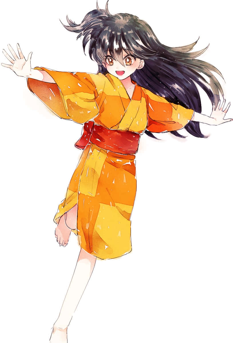 Inuyasha Rin 桌布 壁紙 — 一個開心的動漫女孩穿著鮮豔的橙色和服，繫著紅色腰帶，在純白色背景前快樂地跳舞。