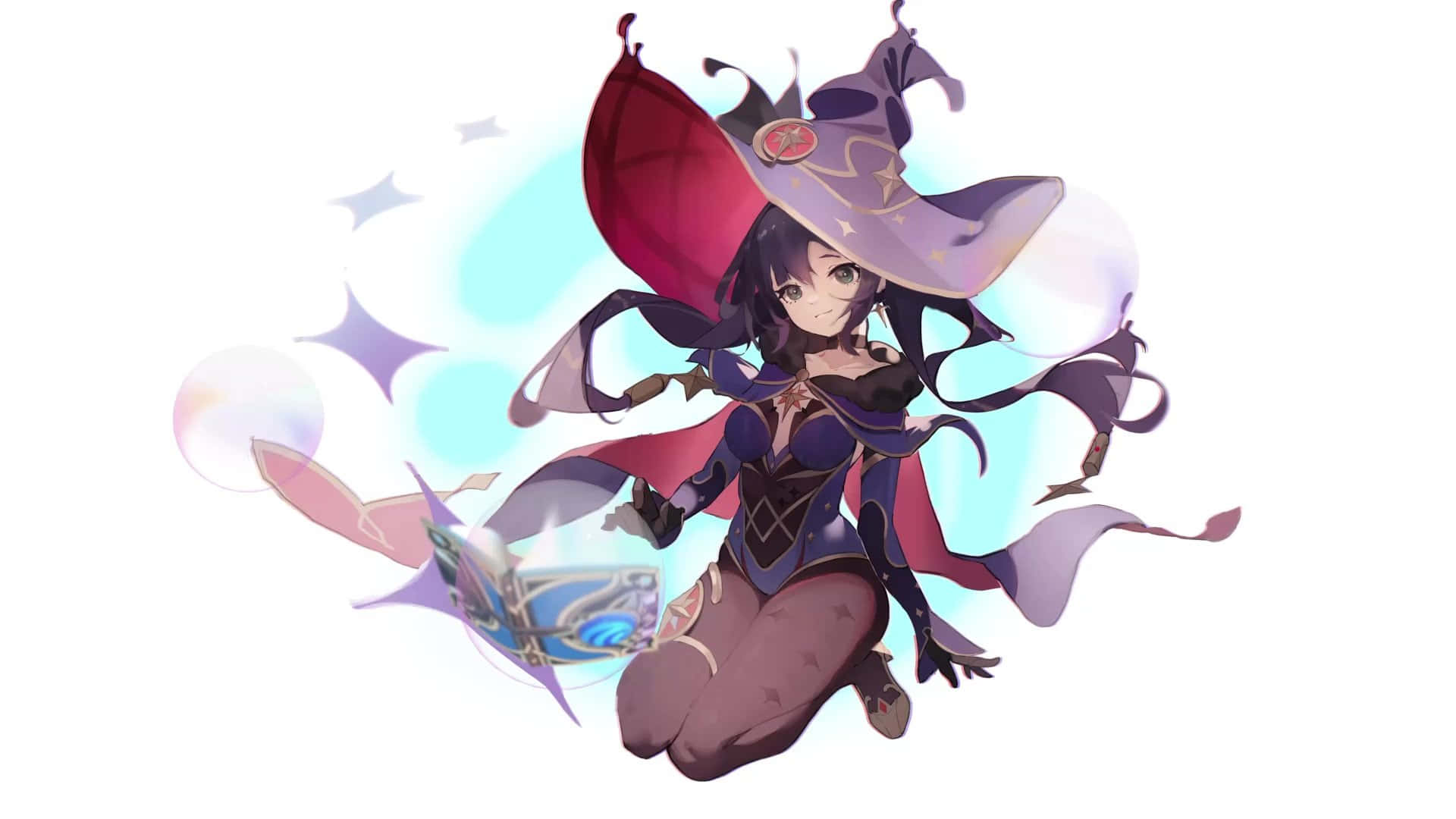 Genshin Impact Mona 桌布 壁紙 — 一個開心的動漫女巫，戴著紫色大帽子和紅色斗篷，漂浮在發光的魔法星星和泡泡之間。