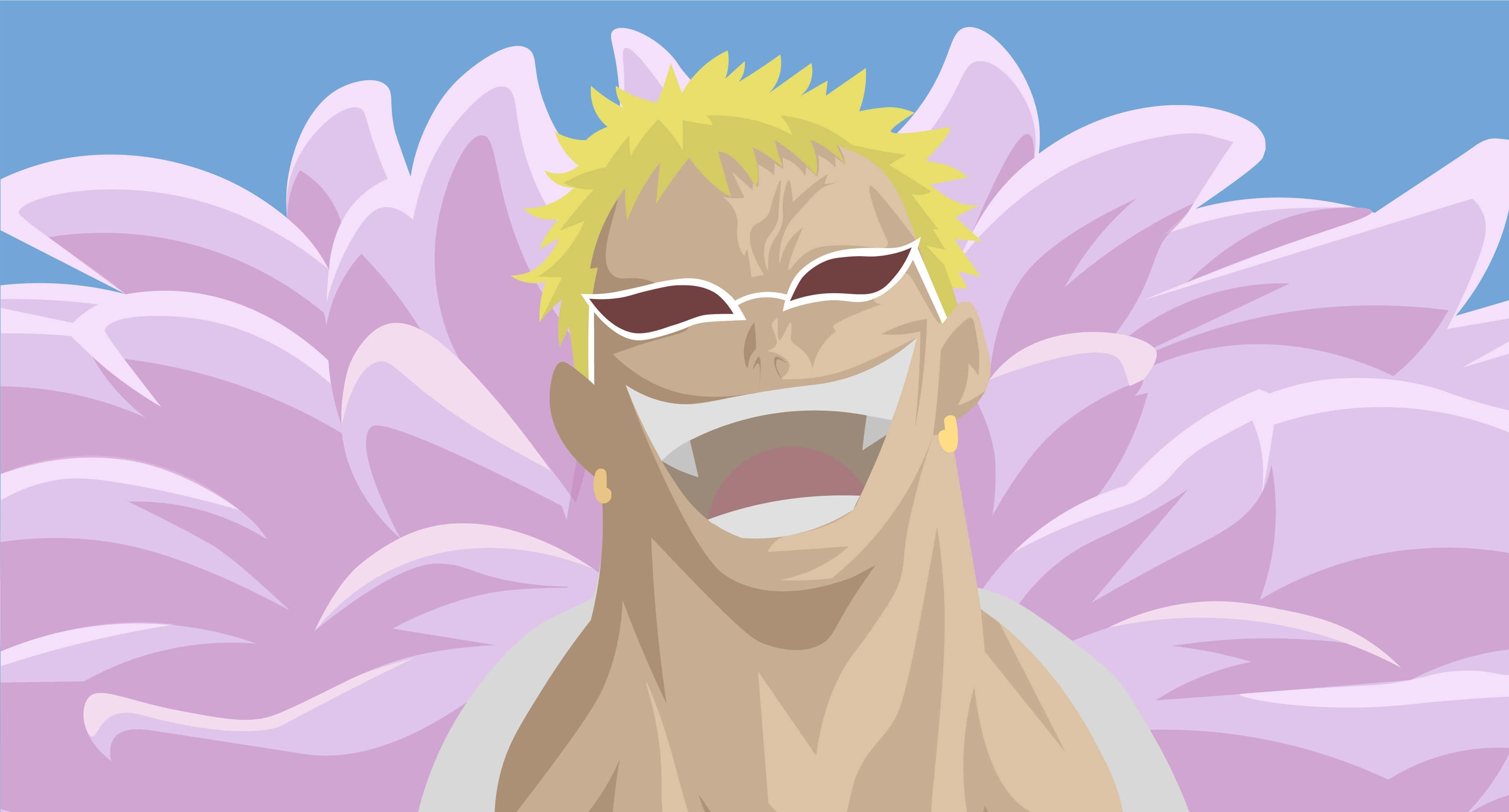 Donquixote Doflamingo 桌布 壁紙 — 一個開心的動漫角色，有著刺刺的金色頭髮和太陽眼鏡，在藍天下以大片紫色花朵為背景，開懷大笑。