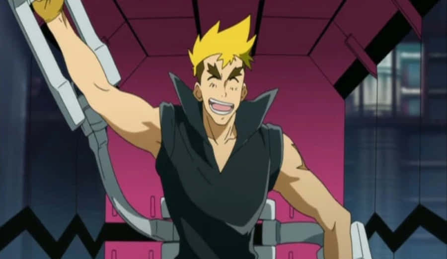 Kittan Bachika 桌布 壁紙 — 一個開心的動漫角色，有著尖刺黃色頭髮和黑色服裝，在未來風格的粉紅和黑色場景中抓著機械手臂咧嘴笑。