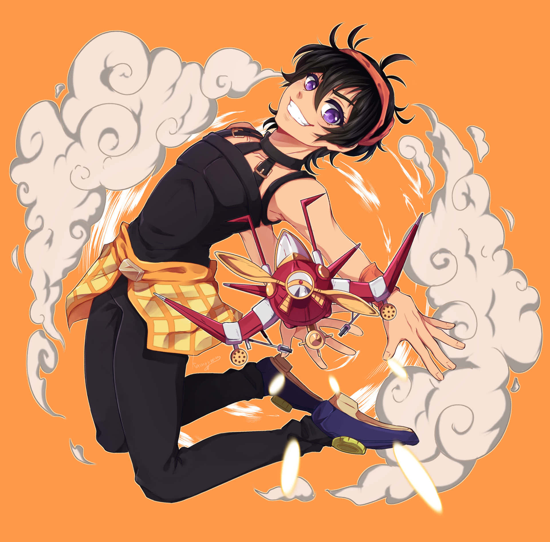 Narancia Ghirga 桌布 壁紙 — 一個開心的動漫角色，紫色眼睛和黑色頭髮，愉快地抱著一個紅色機械生物，背景是鮮豔的橙色。