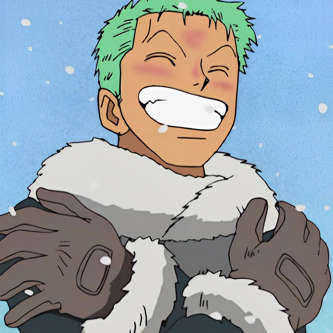 Roronoa 桌布 壁紙 — 一個開心的動漫角色，綠色頭髮，在飄雪中開懷大笑，穿著毛領外套和手套。