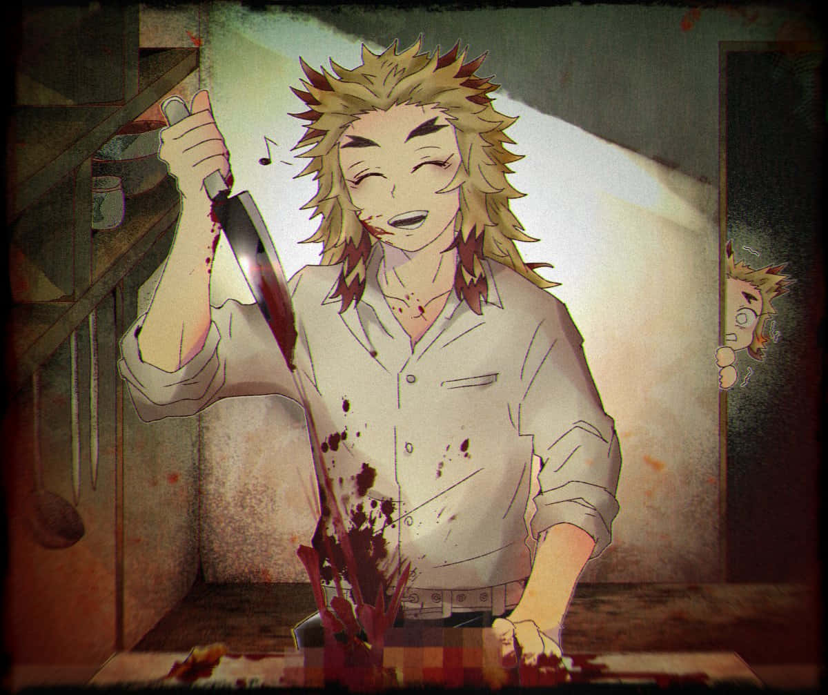 Senjuro Rengoku 桌布 壁紙 — 一個開心的動漫角色，頭髮尖尖，在昏暗的廚房裡揮舞著一把血淋淋的刀，而另一個角色從門口偷看。