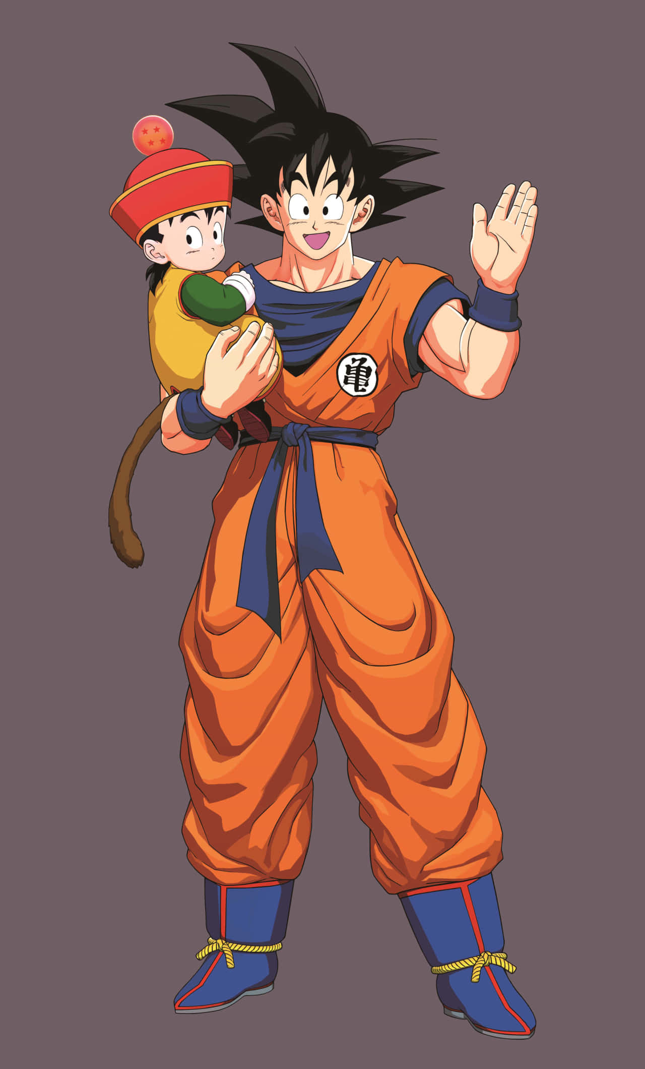 Dragon Ball Z Games 桌布 壁紙 — 一個開心的動漫角色穿著橙色道服，抱著一個戴紅帽的小孩，在純灰色背景前揮手。