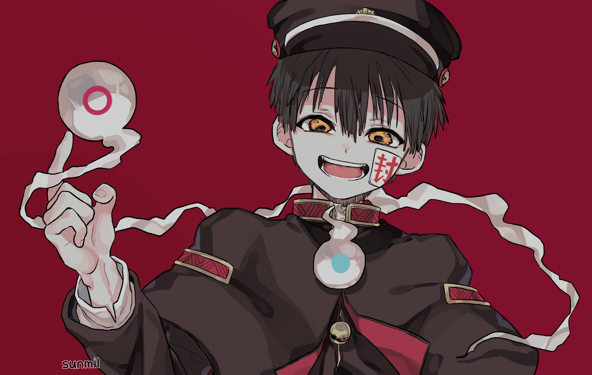 hanako 桌布 壁紙 — 一個開心的動漫角色穿著深色制服，在深紅色背景前手持一個帶有絲帶的發光球體。