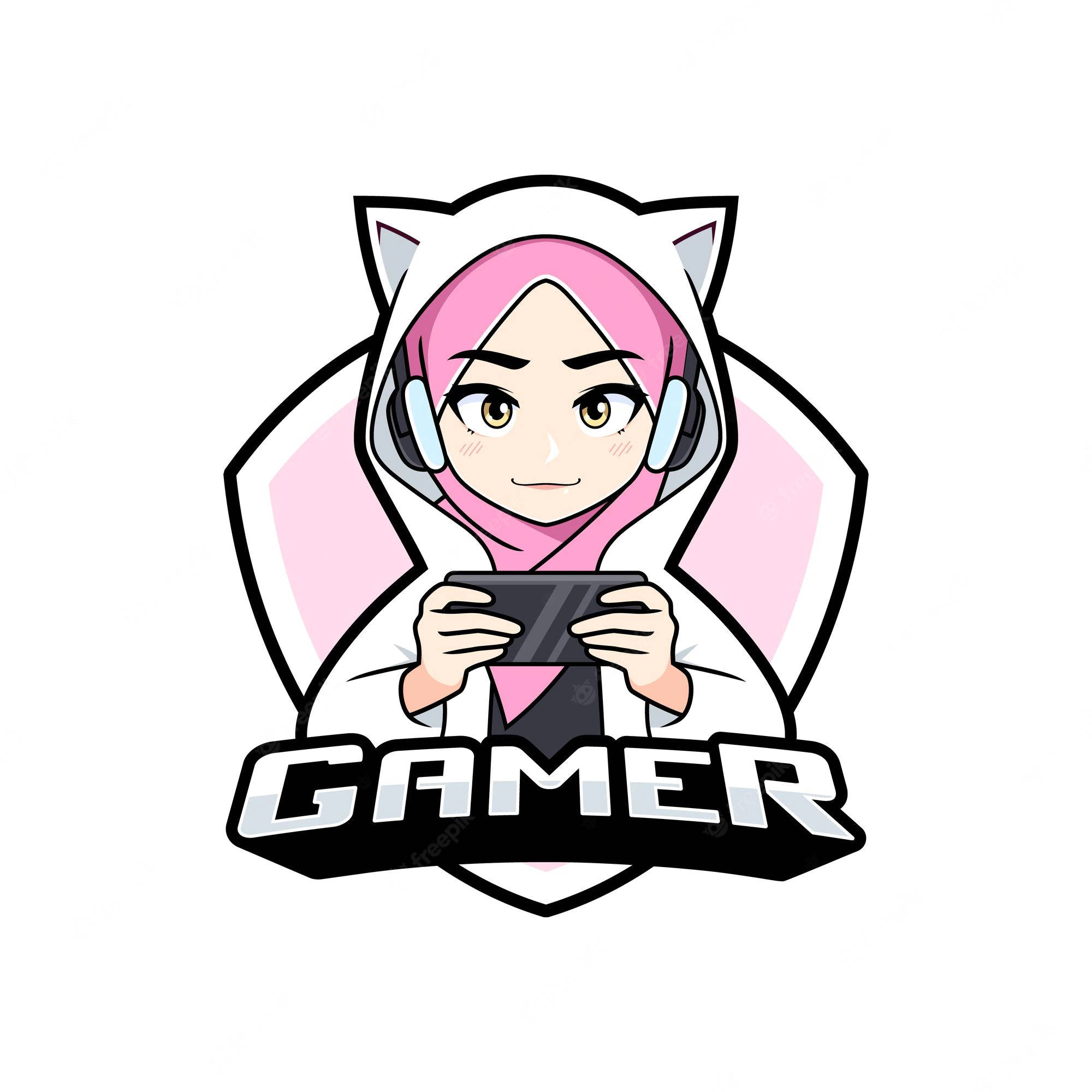 Gamer Logo 桌布 壁紙 — 一個開心的動漫風格女孩，穿著粉紅色頭巾和貓耳連帽衫，手持遊戲控制器，下方有「GAMER」文字。