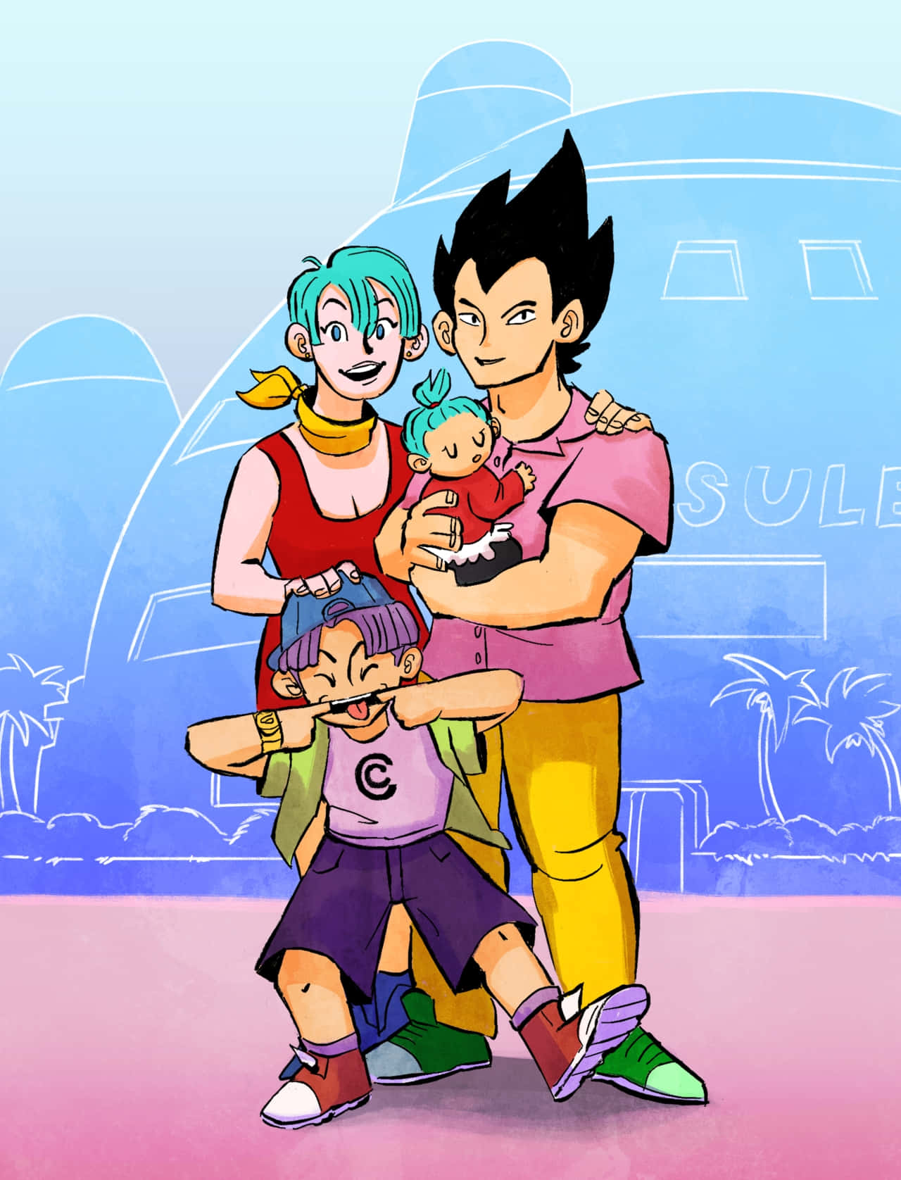 Vegeta's Family 桌布 壁紙 — 一個開心的動畫四人家庭在風格化的膠囊公司大樓前與棕櫚樹開心擺姿勢。