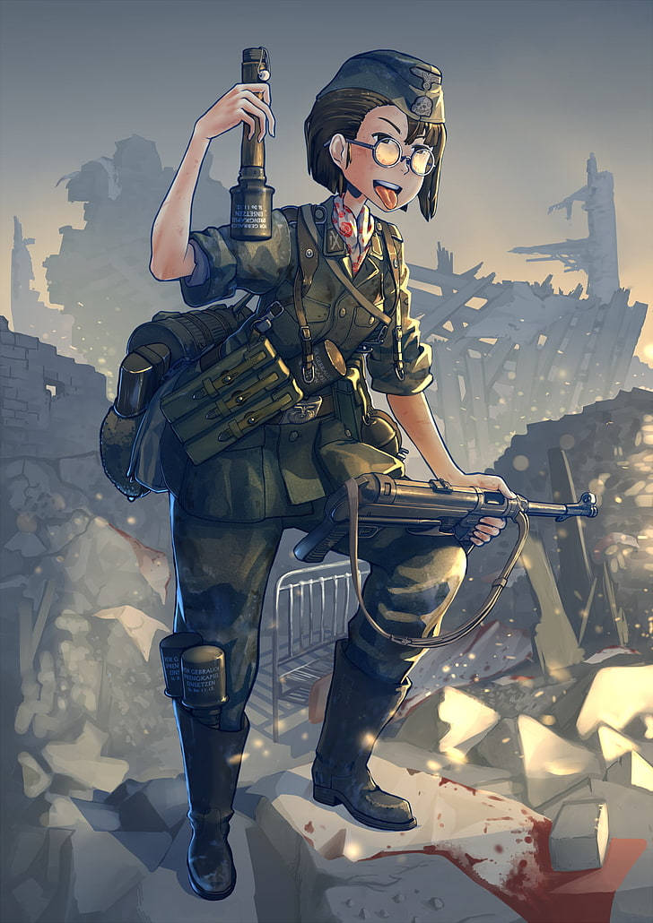 動畫士兵穿著軍裝，在廢墟城市中手持步槍和手榴彈微笑。 — 軍事動圖 壁紙