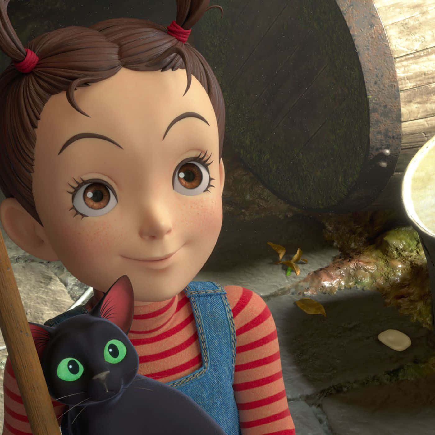 Disney 3d Movies 桌布 壁紙 — 一個開心的動畫女孩，扎著棕色辮子，和一隻有發光綠色眼睛的黑貓，從一個長滿苔蘚的木桶下探出頭來。