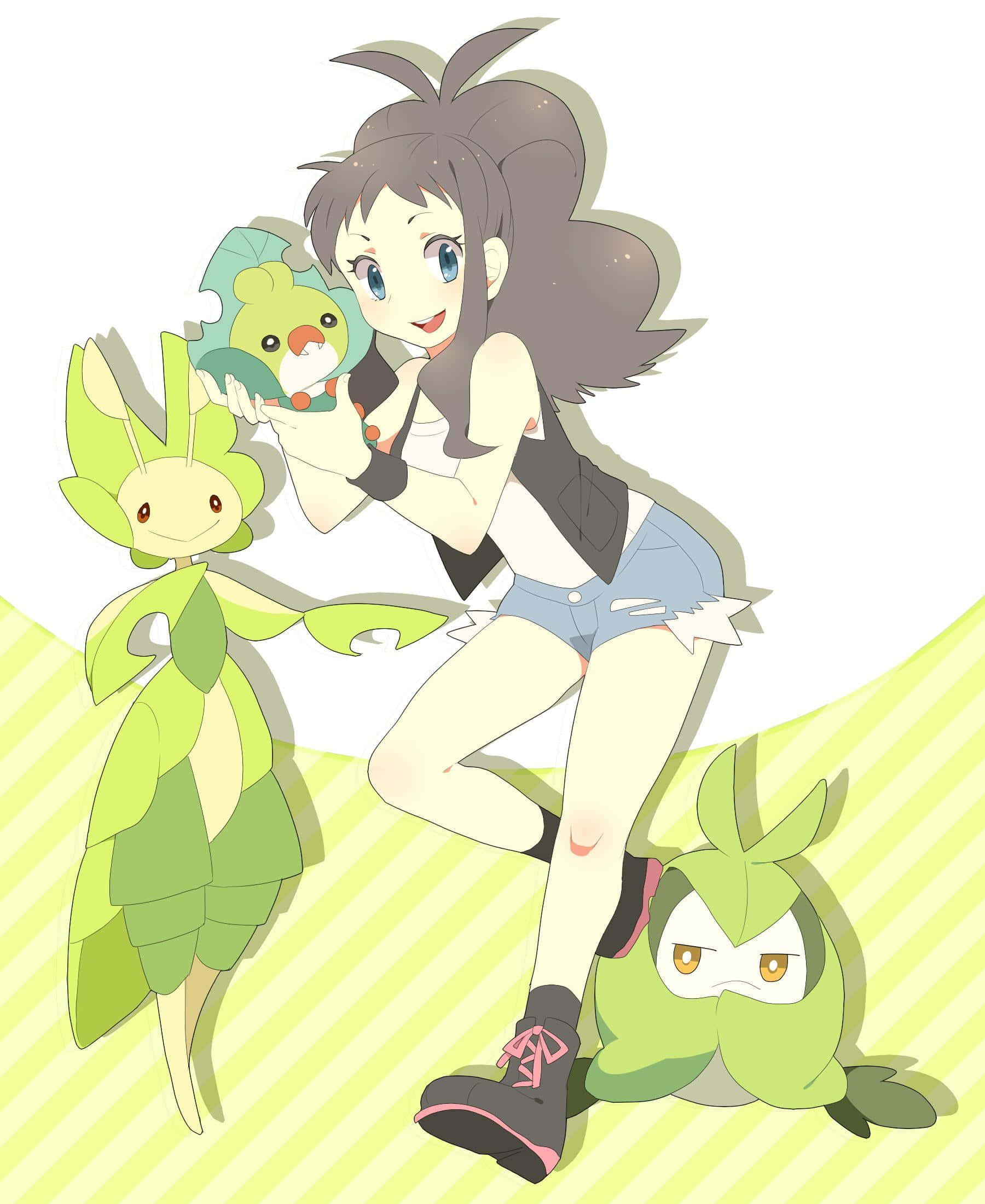 Sewaddle 桌布 壁紙 — 一個開心的動畫女孩，棕色頭髮，坐在綠色條紋的山丘上，抱著一隻綠色的小精靈，另外兩隻葉子狀的小精靈在看著。