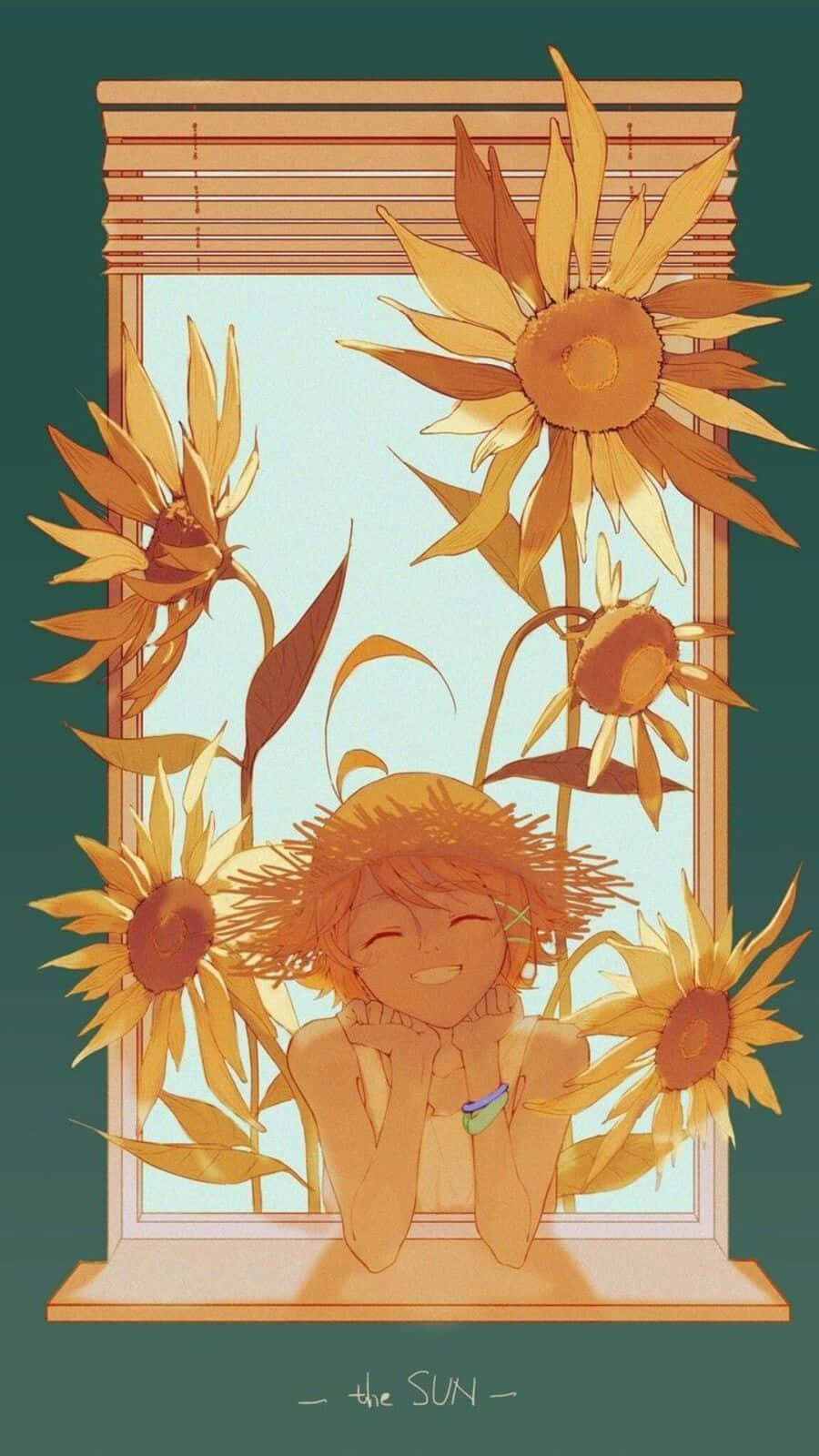 The Promised Neverland Emma 桌布 壁紙 — 一個開心的動畫女孩，橙色頭髮，在溫暖陽光下，從一個被巨大向日葵環繞的窗戶微笑。
