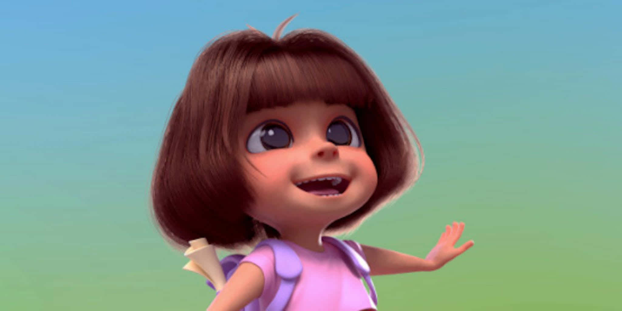 Dora 桌布 壁紙 — 一個開心的動畫女孩，留著棕色波波頭，背著紫色背包，在柔和漸變的天空下愉快地揮手。