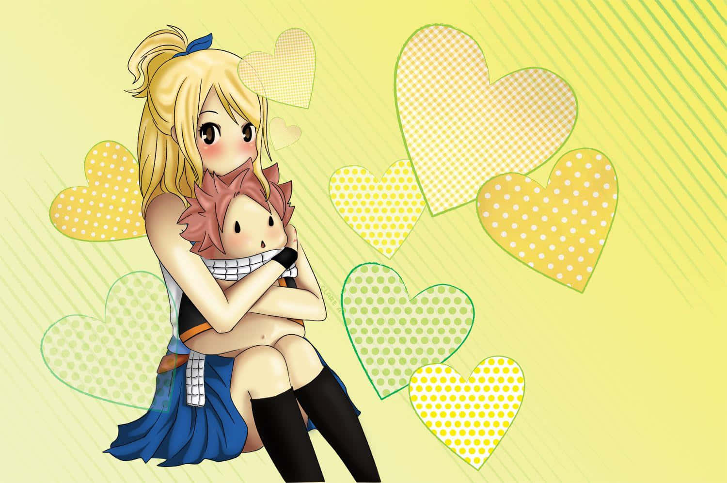 lucy heartfilia 桌布 壁紙 — 一個開心的動畫女孩，金髮，在黃色背景上擁抱一個被圖案心形包圍的粉紅色頭髮小角色。
