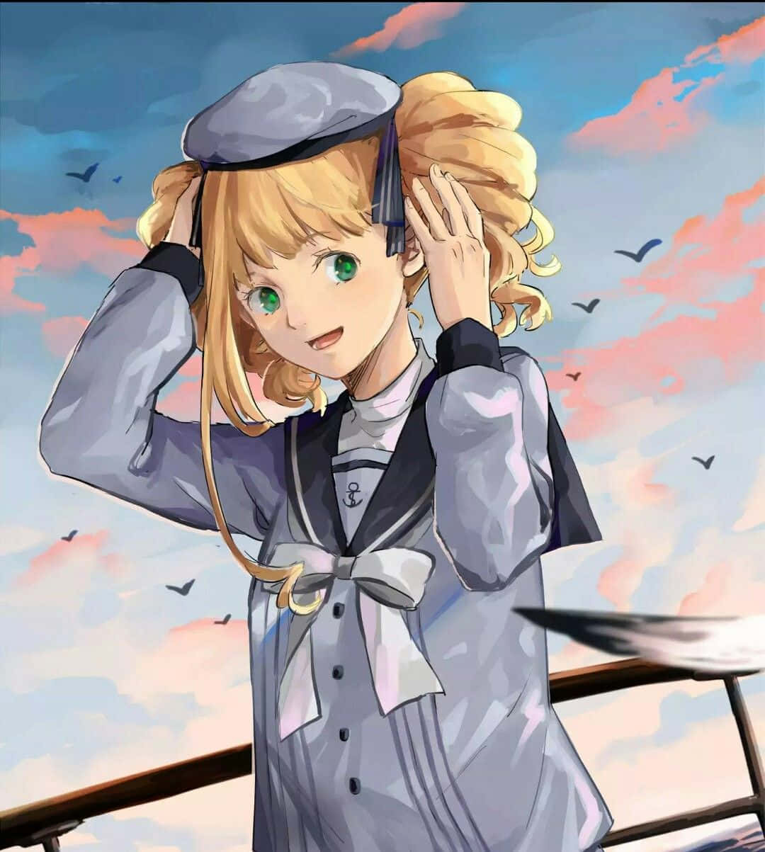 Elizabeth Midford 桌布 壁紙 — 一個開心的動畫女孩，金髮綠眼，在粉彩夕陽天空和飛鳥的背景下調整她的水手帽。