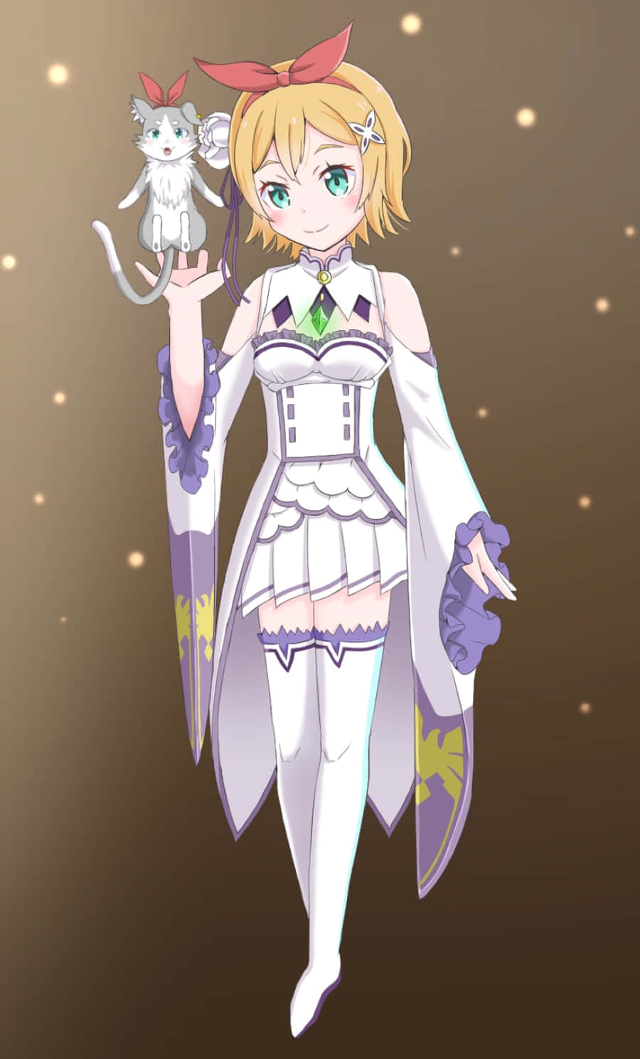 Petra Leyte 桌布 壁紙 — 一個開心的動畫女孩，金髮綠眼，在溫暖的散景背景前抱著一隻小白貓。