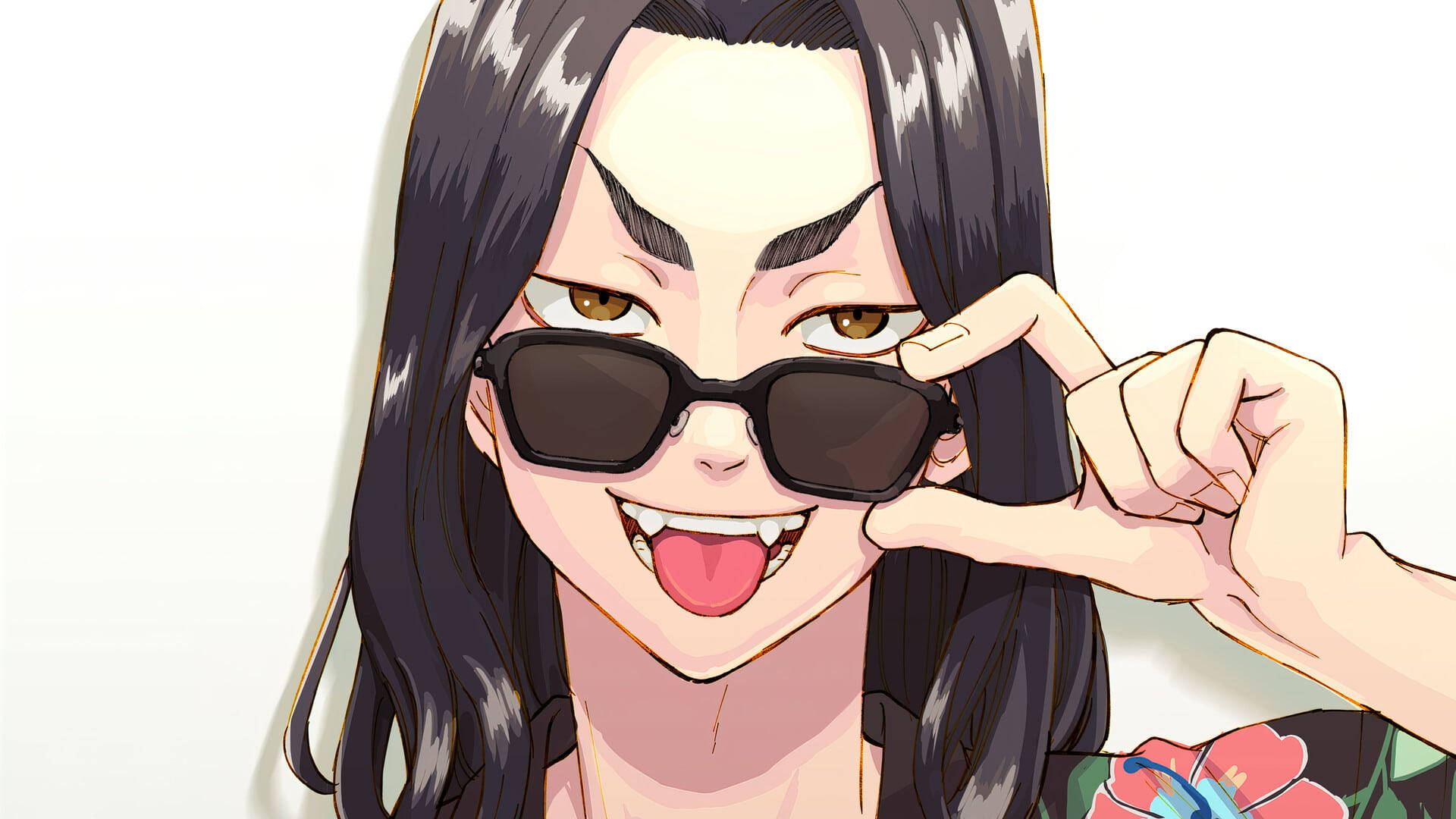 HD 桌布 壁紙 — 一個開心的動畫女孩，長著深色長髮，一邊調整她的黑色太陽眼鏡，一邊頑皮地伸出舌頭。