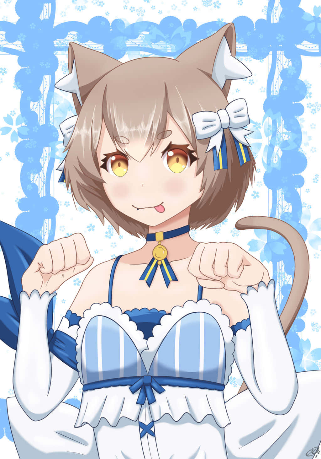 Felix Argyle 桌布 壁紙 — 一個開心的動畫女孩，長著貓耳和貓尾，穿著藍白女僕裝，頑皮地握緊拳頭。