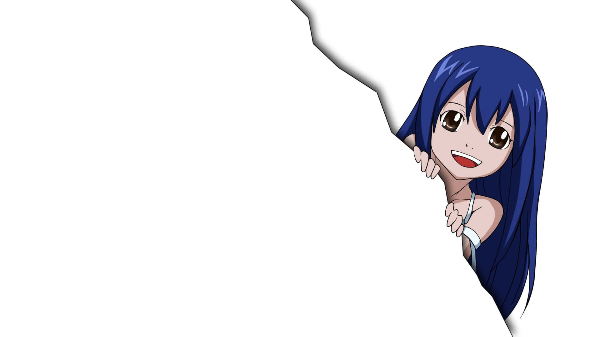 Wendy Marvell 桌布 壁紙 — 一個開心的動畫女孩，長長的藍色頭髮，從撕破的白色紙邊頑皮地偷看。