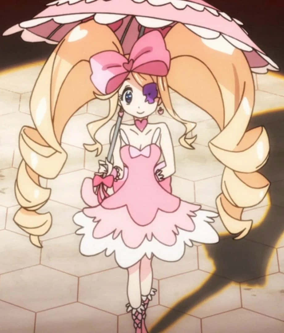 Nui Harime 桌布 壁紙 — 一個開心的動畫女孩，長長的金色雙馬尾，在溫暖的聚光燈下穿著荷葉邊粉紅色連衣裙，拿著粉紅色陽傘。