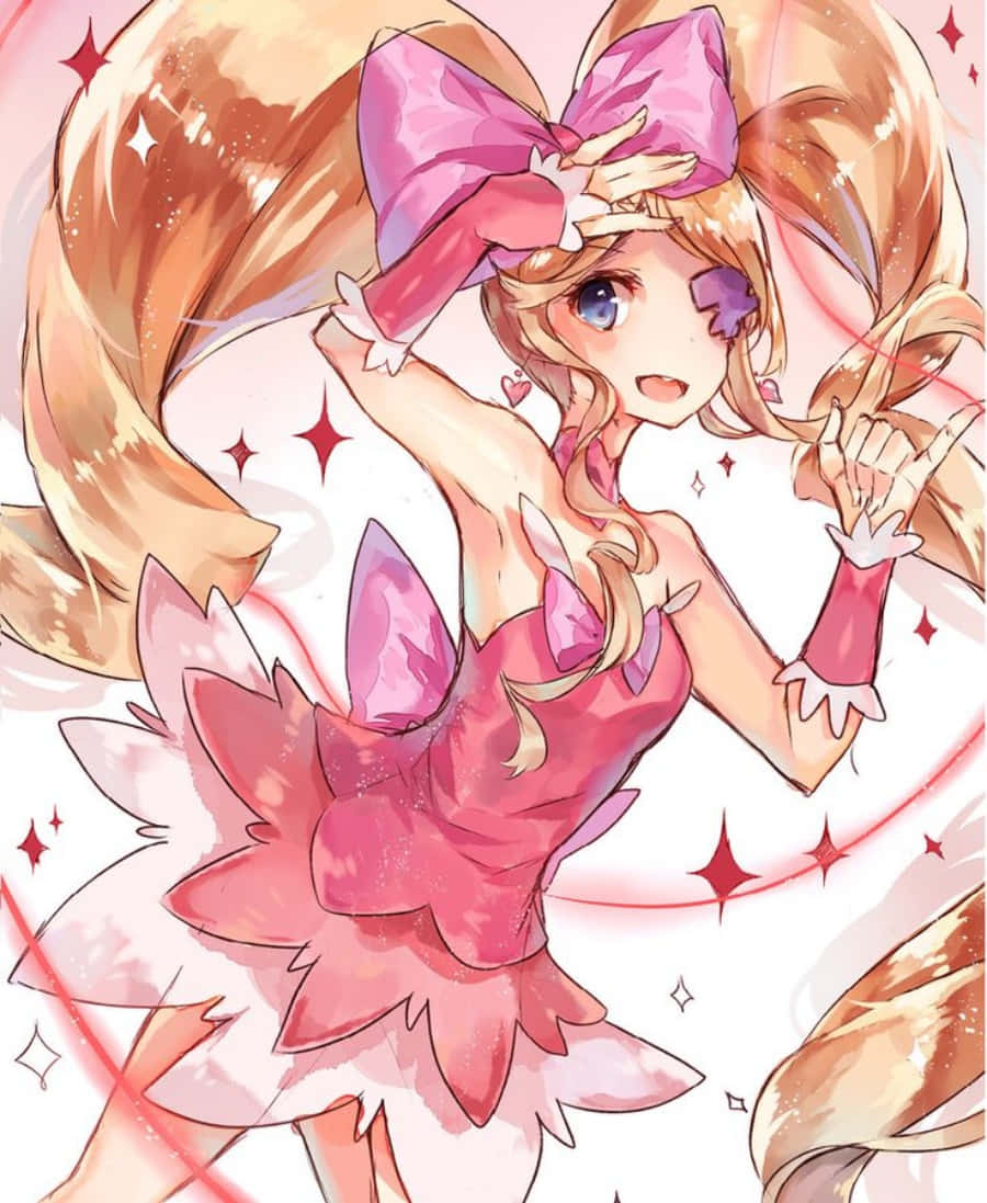 Nui Harime 桌布 壁紙 — 一個開心的動畫女孩，長長的金色頭髮和一個巨大的粉紅色蝴蝶結，在閃閃發光的粉紅色裙子裡跳舞，周圍環繞著星星。