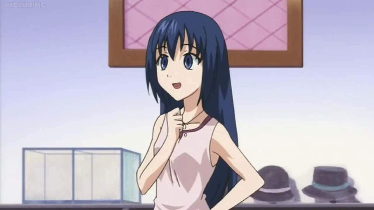 Sumire Kanou 桌布 壁紙 — 一個開心的動畫女孩，長長的黑髮，在室內靠近帽子和窗戶擺姿勢微笑。