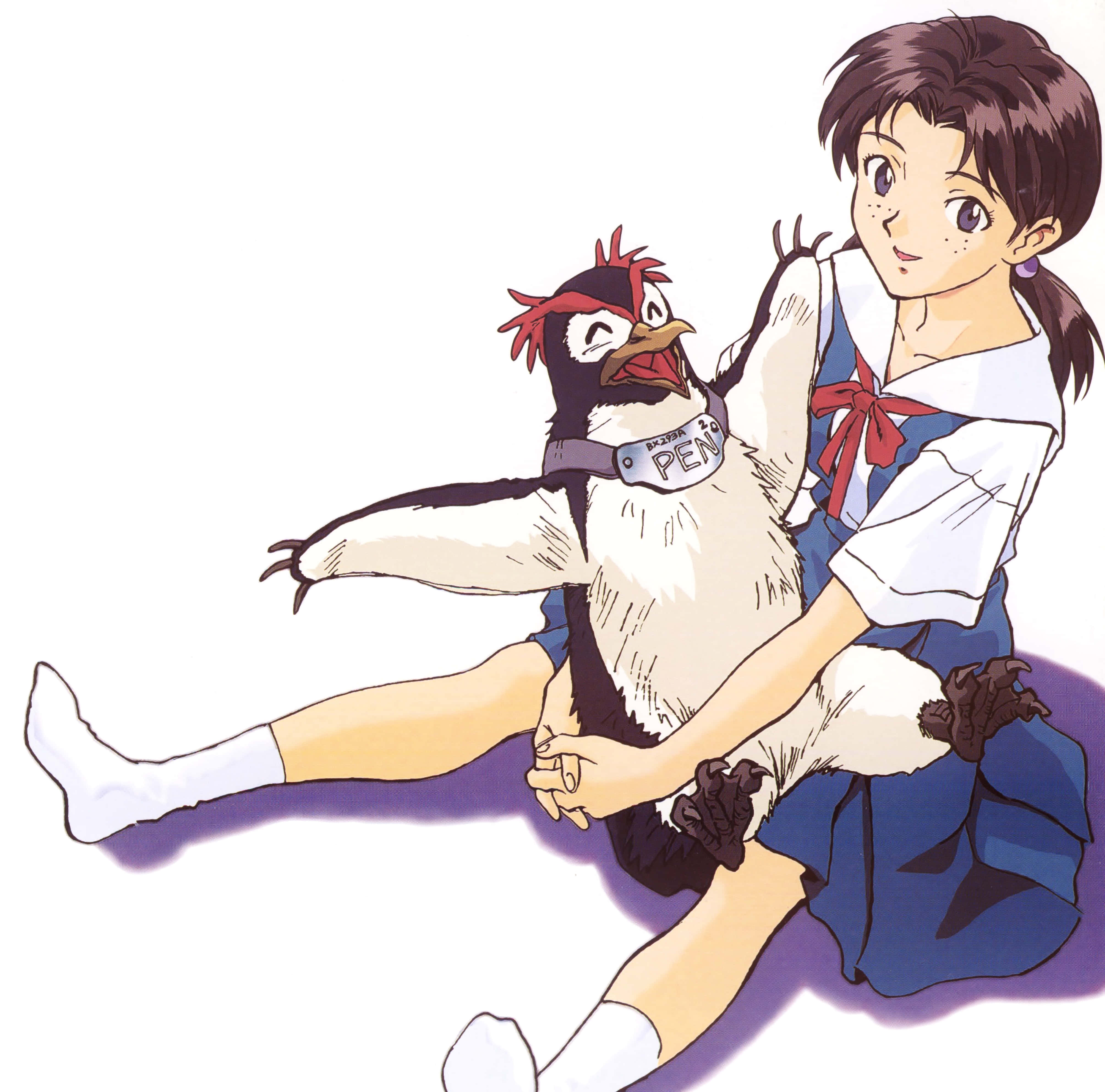 Hikari Horaki 桌布 壁紙 — 一個開心的動畫女孩穿著水手服，在純白背景前頑皮地抱著一隻帶有「PEN」標籤的企鵝。