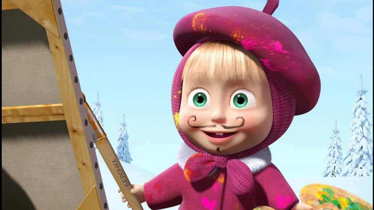 Masha And The Bear 桌布 壁紙 — 一個開心的動畫女孩穿著沾滿油漆的粉紅色衣服和貝雷帽，在白雪皚皚的冬季森林裡拿著梯子站在畫架旁邊。