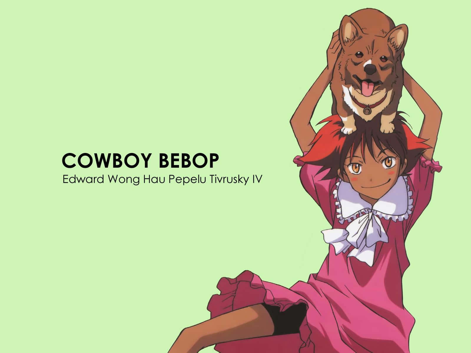 Cowboy Bebop Edward 桌布 壁紙 — 一個開心的動畫女孩穿著粉紅色連衣裙，在淡綠色背景上頑皮地將一隻快樂的柯基犬平衡在頭上。