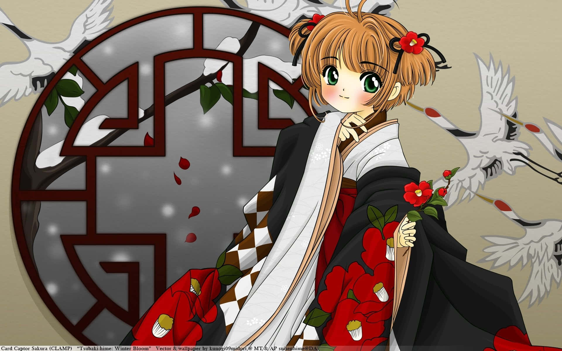 Sakura Kinomoto in Cardcaptor Sakura themed outfit 壁紙 — 一個開心的動畫女孩穿著紅黑色和服，在雪窗前拿著櫻花，有鶴飛翔。