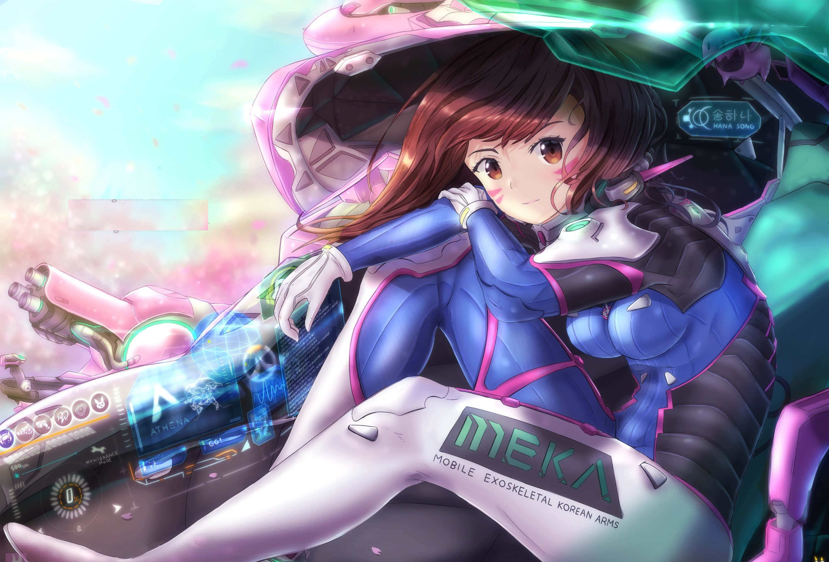 Overwatch D.va 桌布 壁紙 — 一個開心的動畫女孩穿著藍色和粉紅色的機甲服，躺在一架發光的未來機甲上，周圍有櫻花飄浮。