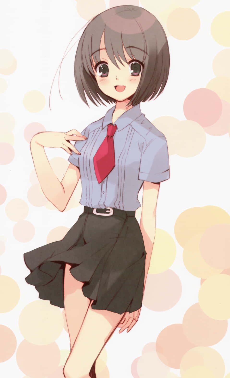 Haruhi Sasaki 桌布 壁紙 — 一個開心的動畫女學生穿著校服，在柔和粉彩散景背景前微笑擺姿勢。