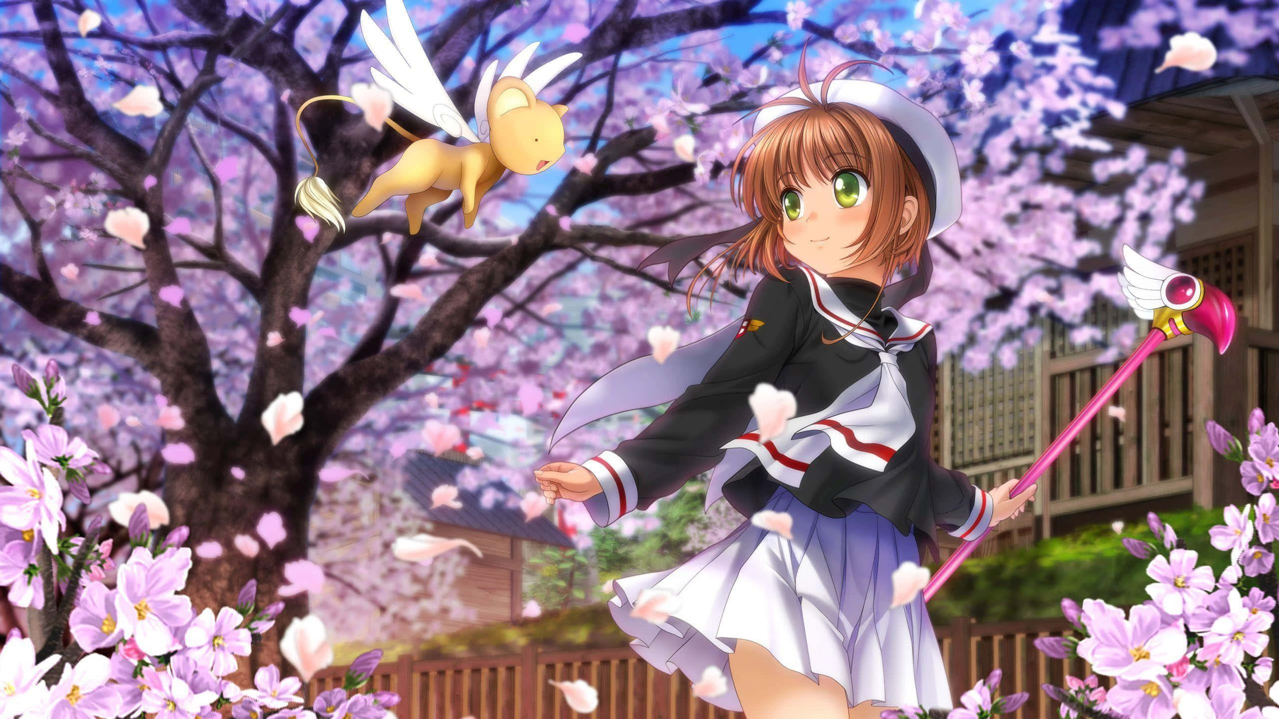 Cardcaptor Sakura using her Clow Card powers 壁紙 — 一個開心的動畫女學生穿著校服，拿著粉紅色魔杖，櫻花在她周圍旋轉，還有一隻小飛行動物。