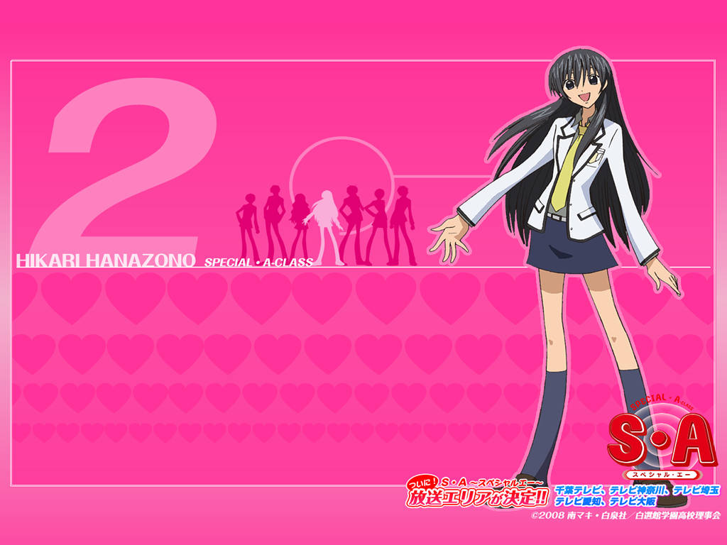 Special A Hikari Hanazono 壁紙 — 一個開心的動畫女學生穿著校服，站在充滿心形和剪影的鮮豔粉紅色背景前。
