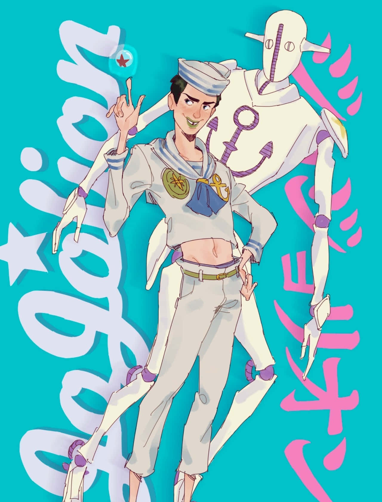 Jojolion 桌布 壁紙 — 一個開心的動畫水手男孩自信地與機械人同伴一起擺姿勢，背景是充滿活力的青綠色，帶有風格化的文字。