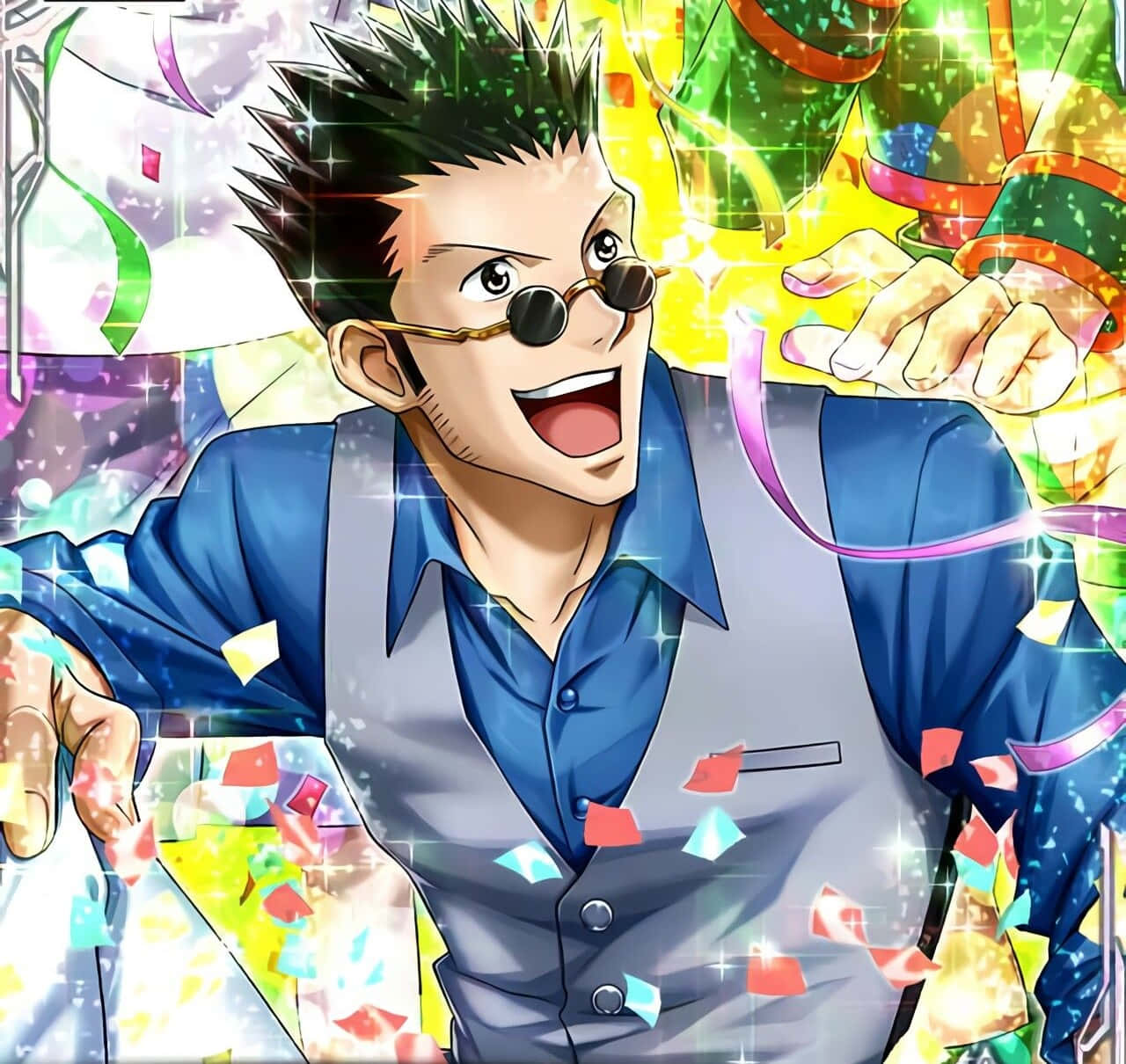 Leorio Paradinight 桌布 壁紙 — 一個開心的動畫男人，有著尖刺頭髮和圓形太陽眼鏡，在五彩紙屑和閃爍燈光中大笑。