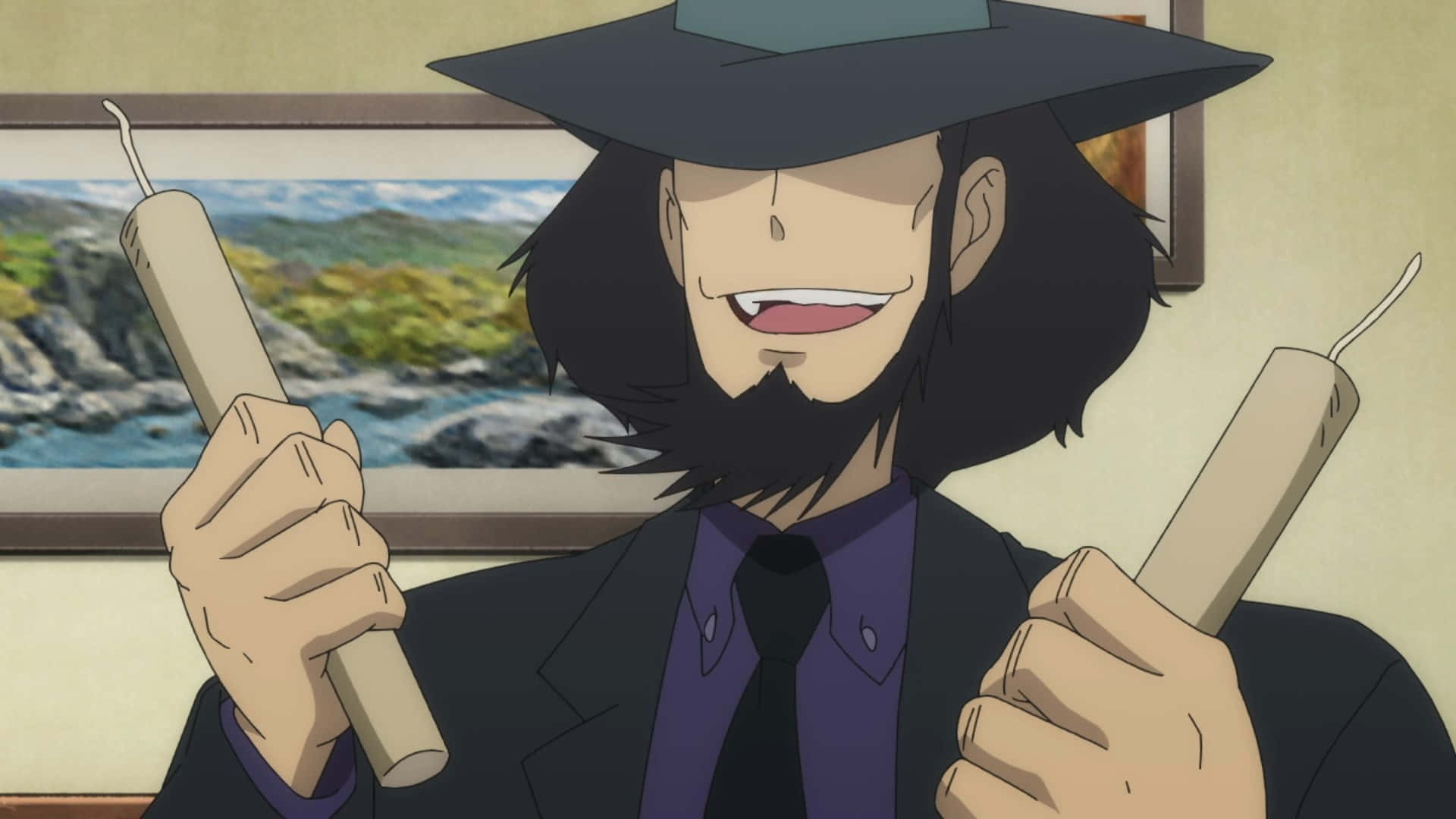 Lupin Iii Daisuke Jigen 桌布 壁紙 — 一個開心的動畫男人，身穿黑色西裝和寬邊帽，手持兩支牙刷，露出燦爛的笑容。