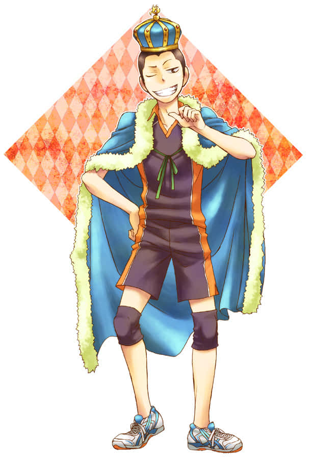 Tanaka Ryunosuke 桌布 壁紙 — 一個開心的動畫男孩，戴著藍色王冠和披風，在溫暖的橙色鑽石背景前自信地眨眼擺姿勢。