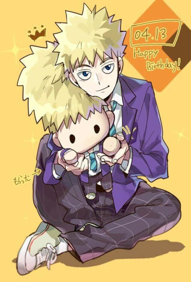 Teruki Hanazawa 桌布 壁紙 — 一個開心的動畫男孩，有著刺刺的金色頭髮，擁抱著一個穿著紫色西裝、較小版本的自己，背景是明亮的黃色和生日文字。