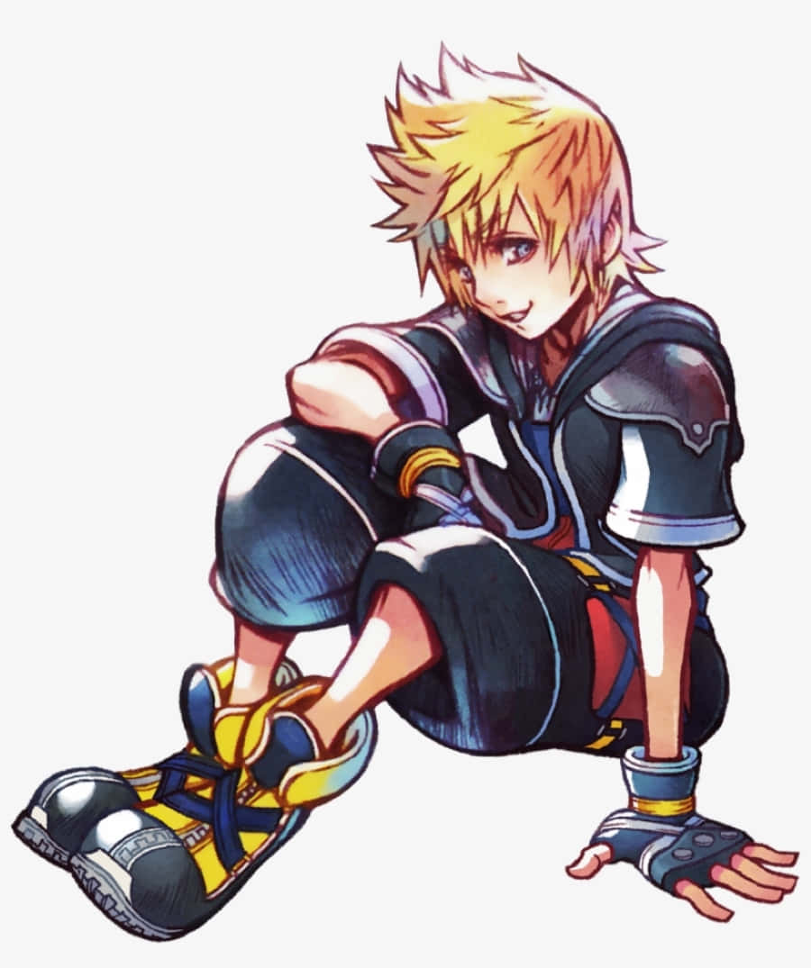Kingdom Hearts Ventus 桌布 壁紙 — 一個開心的動畫男孩，有著刺刺的金色頭髮，以動態姿勢盤腿而坐，穿著細節豐富的藍黃色服裝。