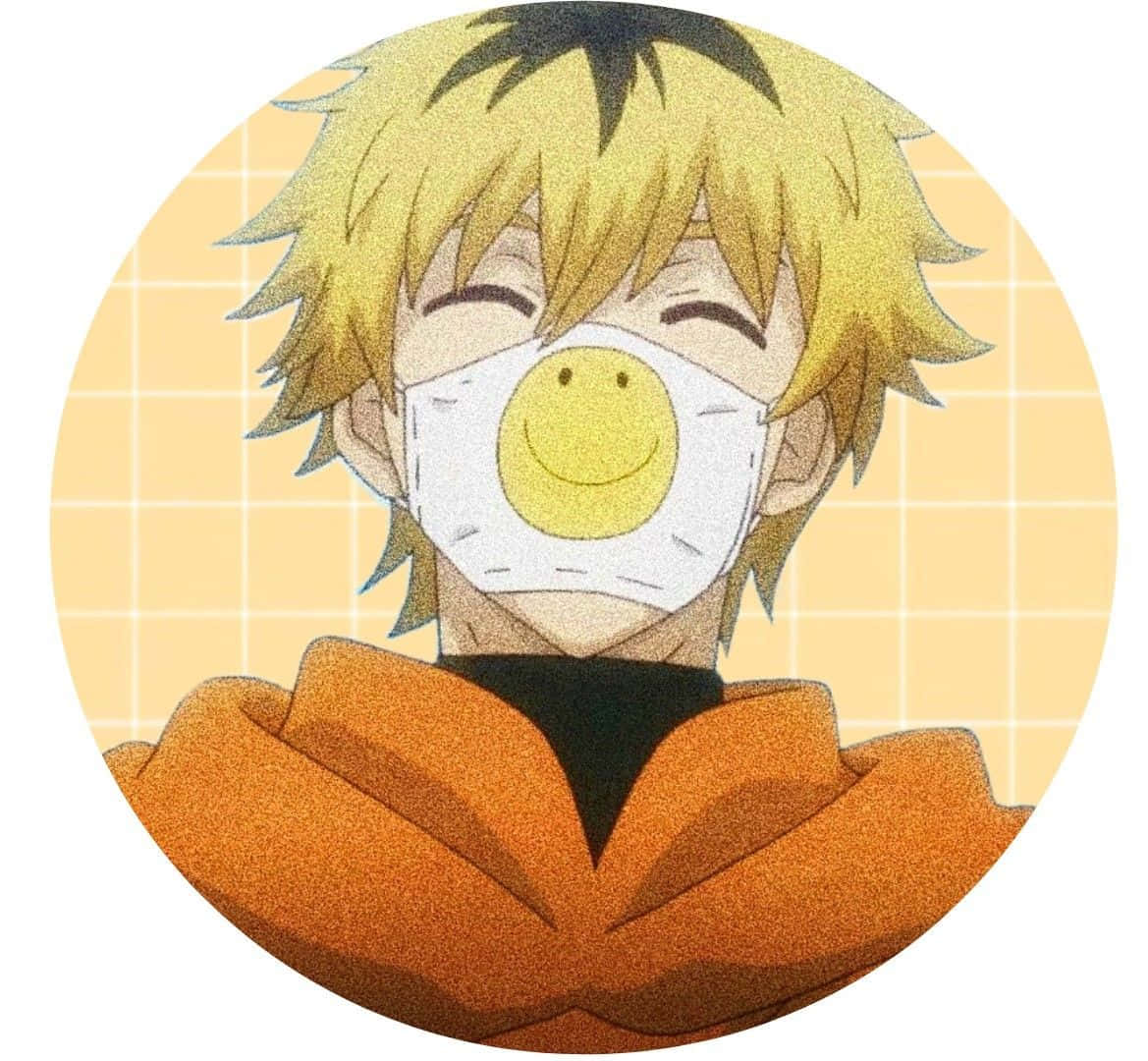 Hideyoshi Nagachika 桌布 壁紙 — 一個開心的動畫男孩，有著刺刺的金色頭髮，戴著笑臉口罩和橙色連帽衛衣，背景是柔和的黃色網格。