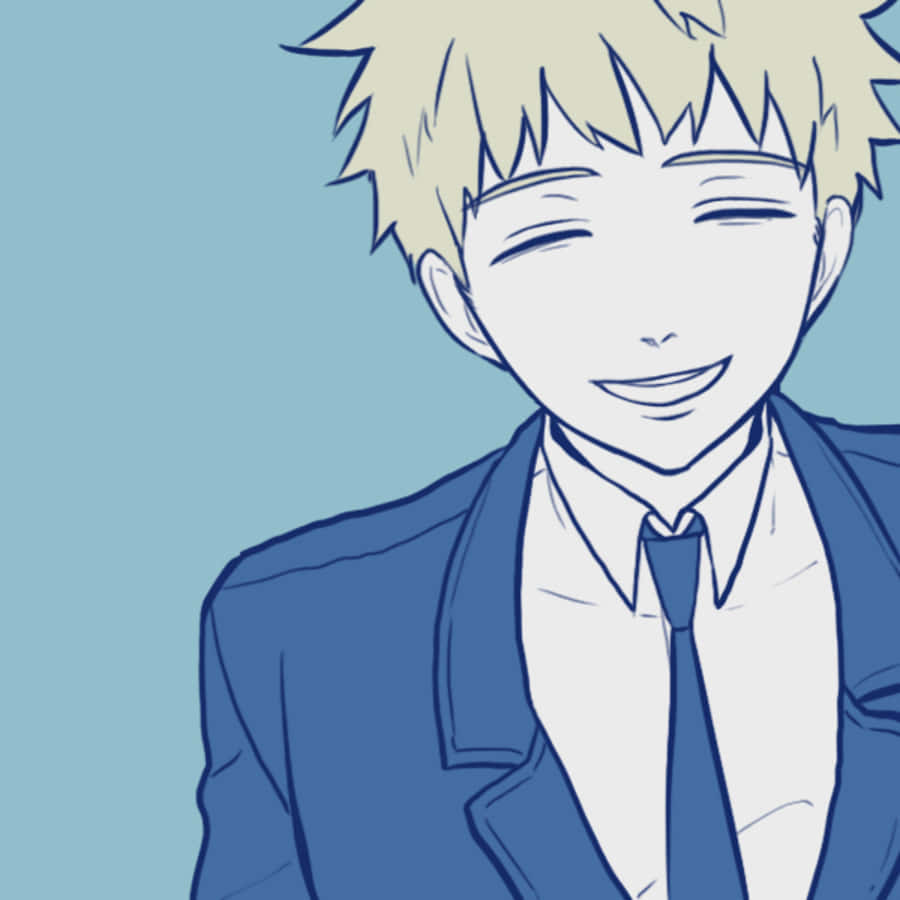 Teruki Hanazawa 桌布 壁紙 — 一個開心的動畫男孩，有著刺刺的金色頭髮，穿著藍色西裝，在柔和的藍色背景前溫暖地微笑。