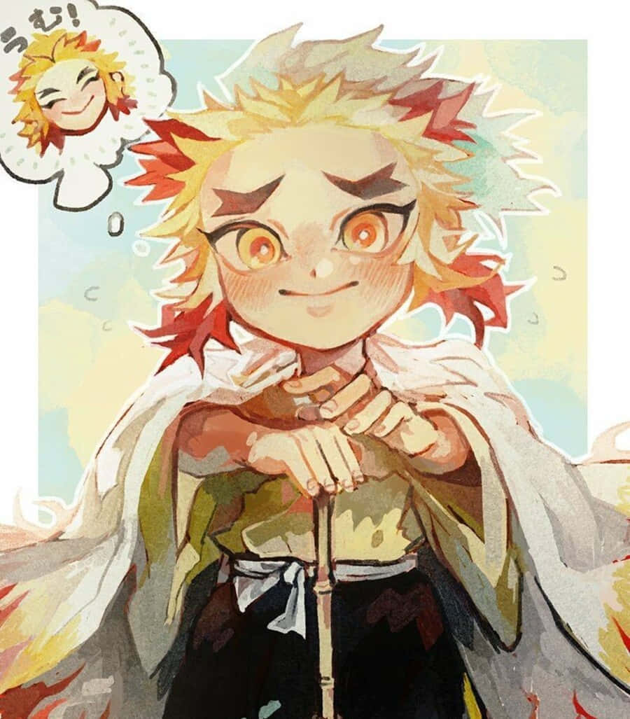 Rengoku Chibi 桌布 壁紙 — 一個開心的動畫男孩，有著尖刺的橙色頭髮和火熱的眼睛，微笑著拿著一根法杖，思想泡泡顯示他快樂的臉。
