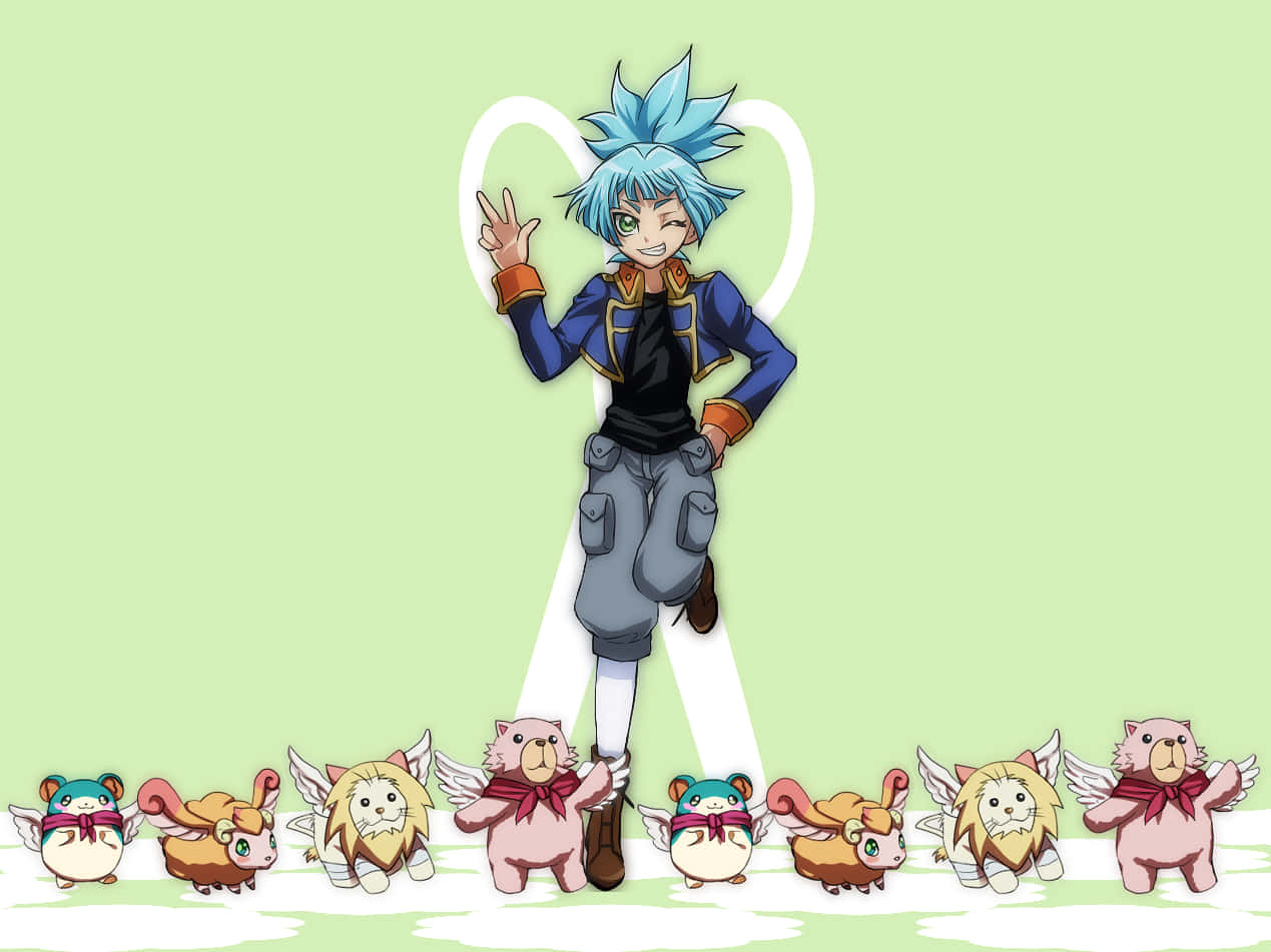 Sora Shiunin 桌布 壁紙 — 一個開心的動畫男孩，有著尖刺的藍色頭髮，在柔和的綠色背景上，在一排可愛的有翼動物同伴旁邊揮手。