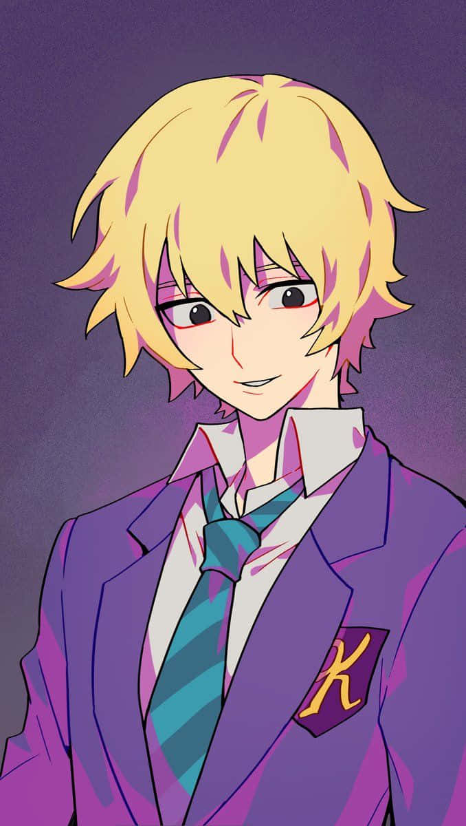 Teruki Hanazawa 桌布 壁紙 — 一個開心的動畫男孩，有著尖刺金髮和紅色眼睛，穿著紫色校服配搭青綠色領帶，背景是紫色漸變。