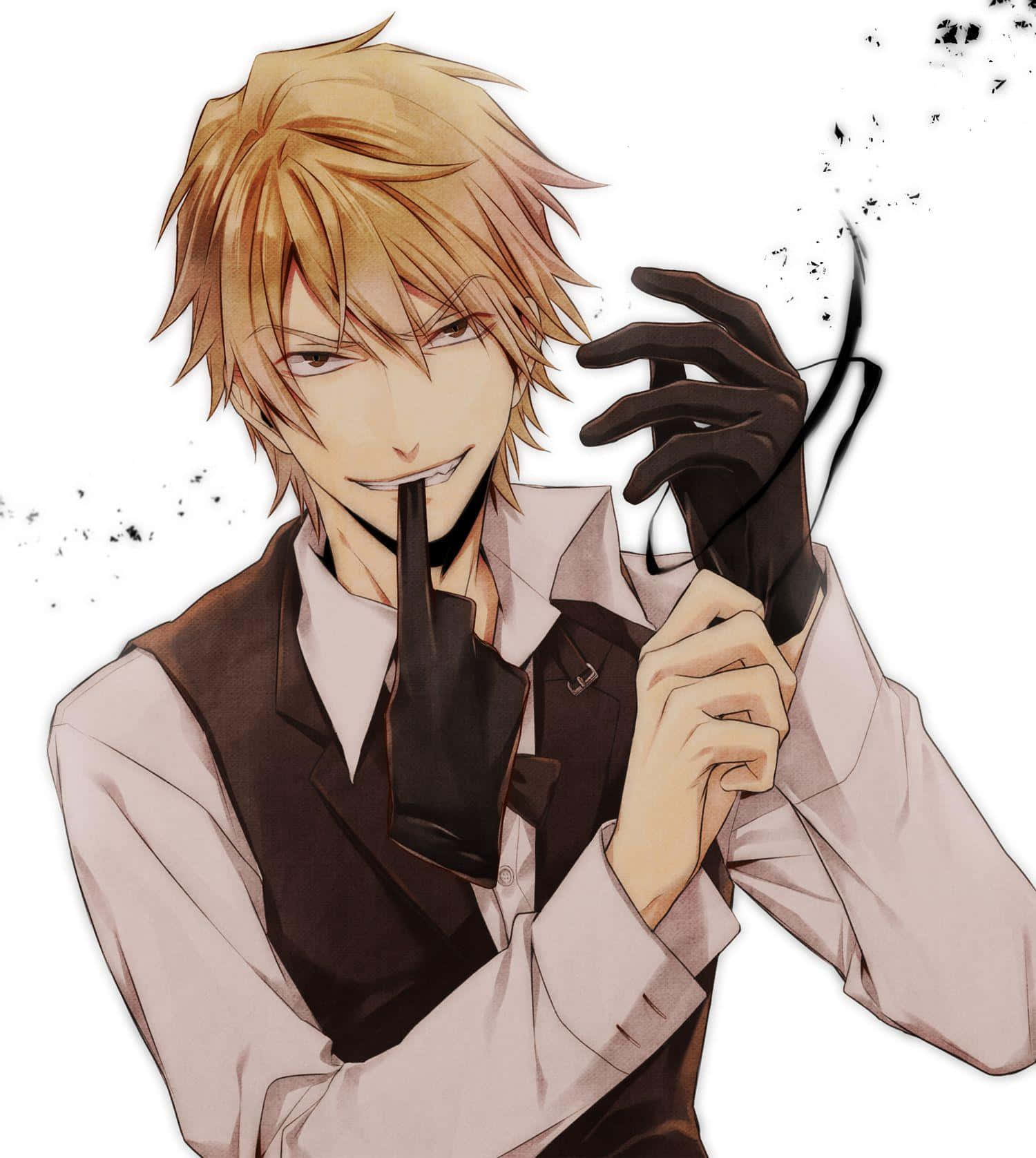 Shizuo Heiwajima 桌布 壁紙 — 一個開心的動畫男孩，有著尖刺金髮和黑色手套，微笑著將一個黑色物體靠近嘴巴。