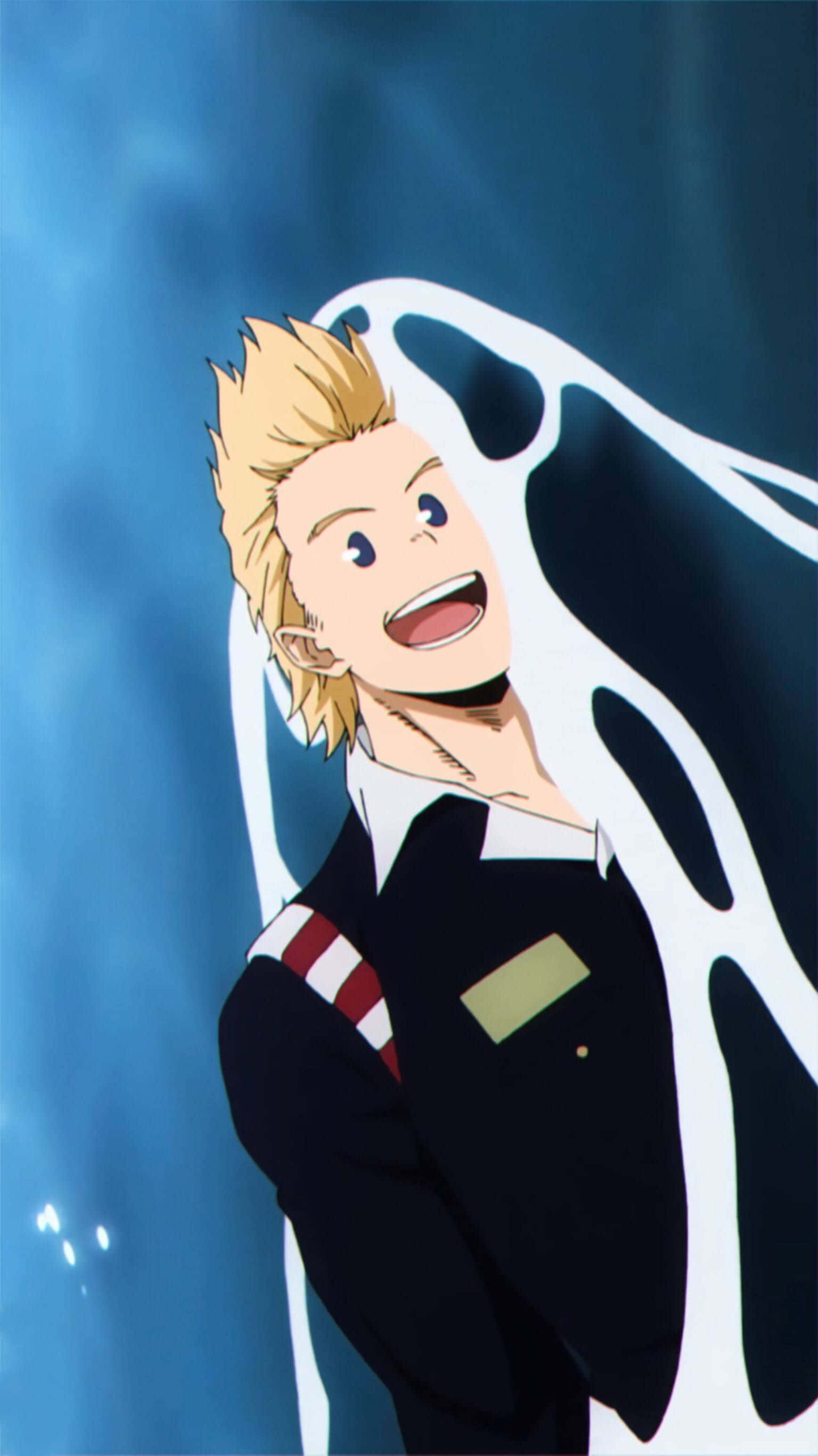 Mirio Togata 桌布 壁紙 — 一個開心的動畫男孩，有著尖刺金髮和黑色制服，在旋轉的藍白能量背景前燦爛微笑。