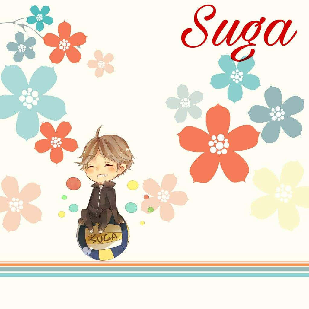 Sugawara Koshi 桌布 壁紙 — 一個開心的動畫男孩，棕色頭髮，坐在一個色彩繽紛的排球上，周圍是粉彩花朵和紅色字體的名字Suga。